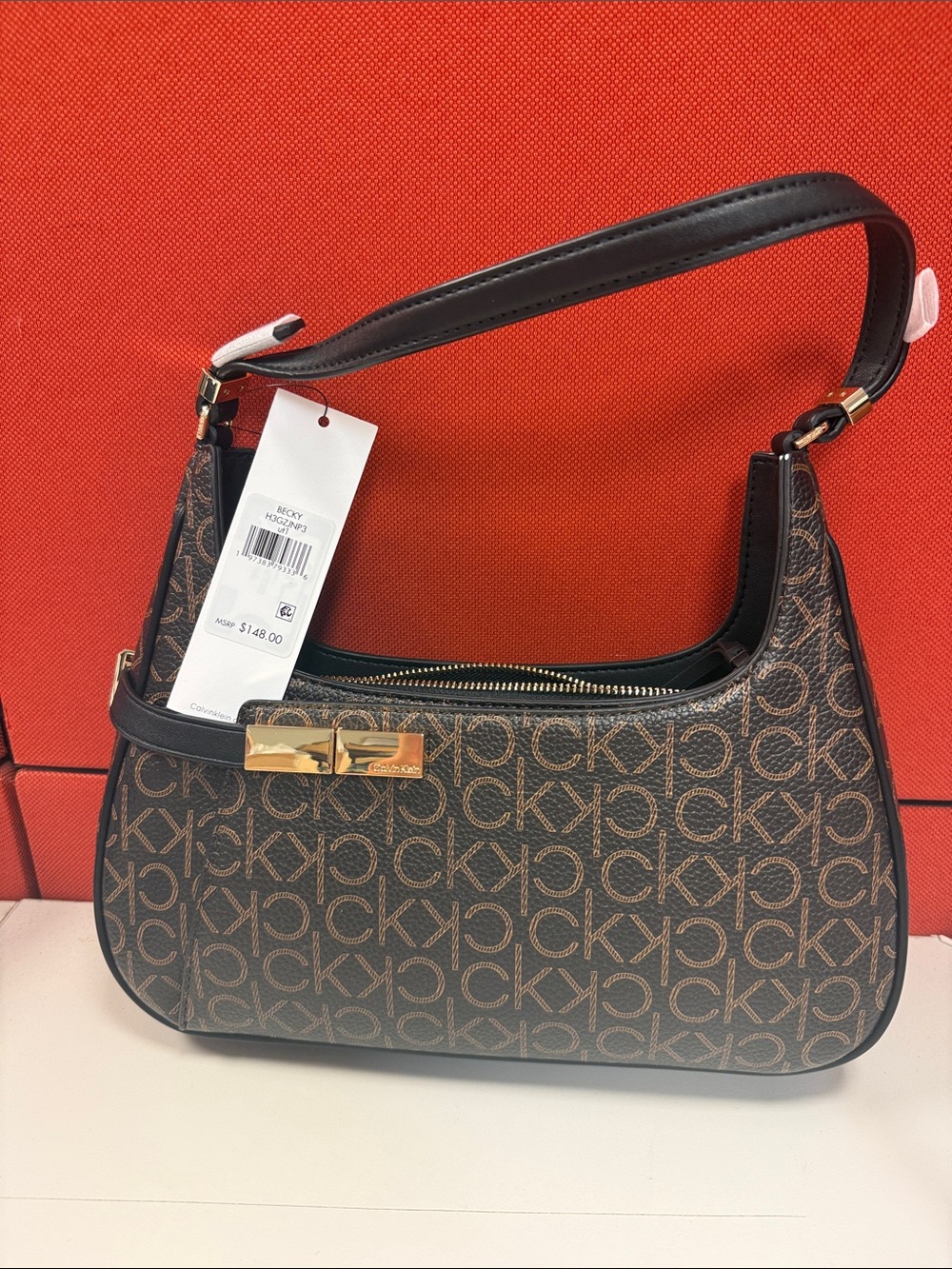 Calvin Klein Brown Monogram Shoulder Bag with Gold Hardware